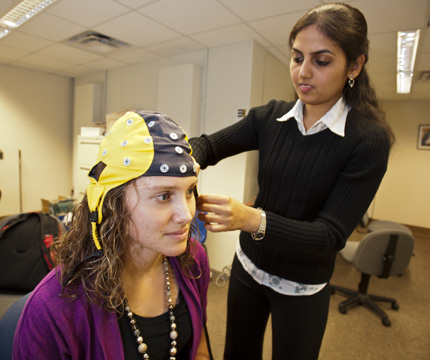 student performs hearing test