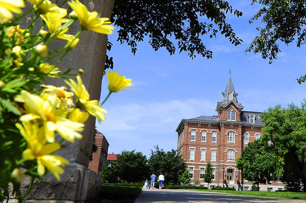 a view of campus with flowers in the foreground